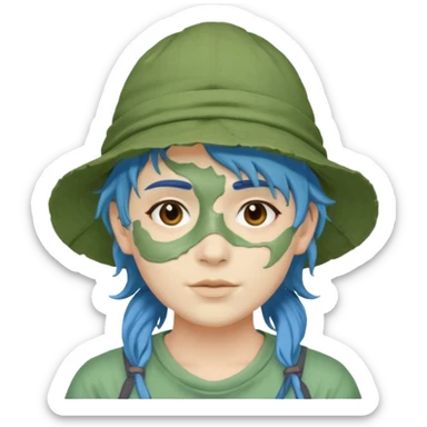 messy green full face clay mask and tourist hat blue hir sticker