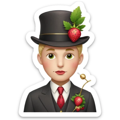 Pretentious cartoon strawberry in a tailored charcoal three‑piece suit, leaf‑cap styled like a pompadour, gold‑stud seeds, sugar‑glass monocle, licorice cane, smug expression; clean vector style, flat shading, cream background, rich crimson/forest‑green palette, 3/4 view, elegant lighting.
 sticker