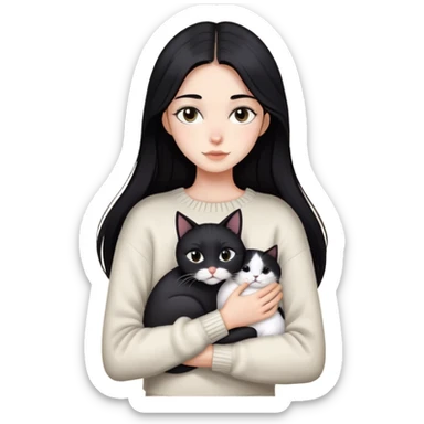Beautiful skinny woman long dark black hair in sweater hug black white cat sticker