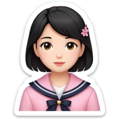  A girl with a black half-up half-down hairstyle, and a Pink sailor suit, enjoying the spring breeze，Wearing cherry blossoms on your hair sticker
