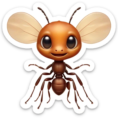 Cinematic Cute Ant Portrait Emoji, Head tilted playfully and inquisitively, featuring a minuscule, charming body with a delicately textured exoskeleton and round, sparkling eyes brimming with curious mischief, Simplified yet irresistibly adorable features, highly detailed, glowing with a warm, inviting earthy glow, high shine, affectionate and lively, stylized with a touch of whimsical industrious charm, soft glowing outline, capturing the essence of a mischievous ant that seems as if it could scurry out of the screen into your arms! sticker