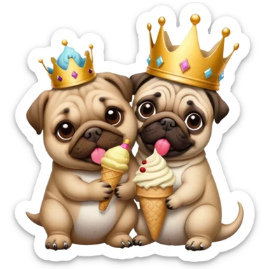 Tyrannosaurus rex wearing a crown. Tyrannosaurus rex is cuddling with a pug and the pug is eating ice cream￼ sticker