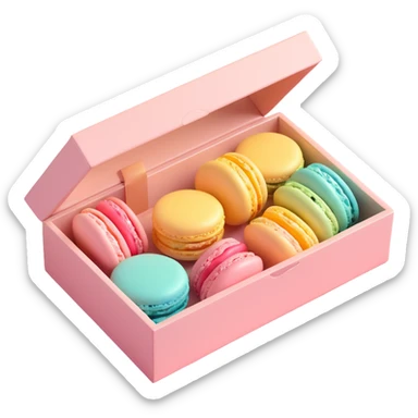 elegant box of macarons, pastel colors, iOS 3D emoji style, realistic reflections, soft shadows, modern and minimalistic design sticker