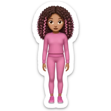 Uma menina negra da pele clara magra definida com roupa de malha rosa, com cabelo cacheados  todo castanho escuro bem grande até a cintura sem muito volume no cabelo sticker
