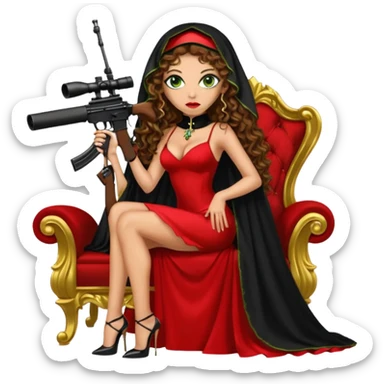 Drug dealer female green eyes symbol.  hair is brown curly long hair. sexy long with long red and black dress and mouth veil cover on that covers her mouth and neck only. black stiletto platform high heels shoes on. Holding sniper rifle sitting on a gold throne. sticker