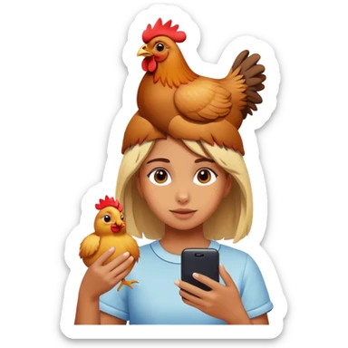Girl playing on her phone with a chicken on her head  sticker