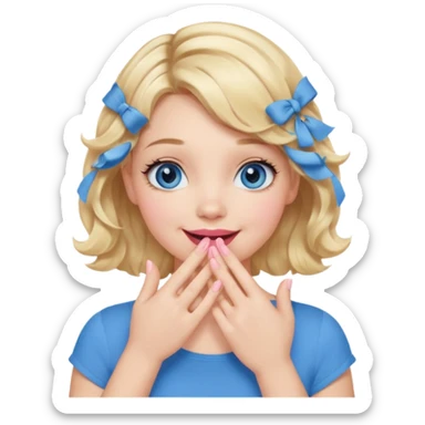 Girl Blonde short wavy hair,  blue eyes, cute blue top, long lashes, pink lips, smiling, hand covering the mouth sticker