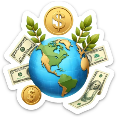 An icon featuring  a dollar sign, and a chart with upward trends, symbolizing economics. The design includes coins, bills, and earth e, representing global trade and financial systems. Transparent background highlights the study of markets, supply, and demand. sticker