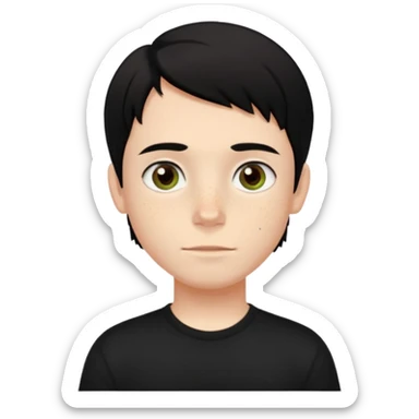 A boy with dark black hair and hazel green and brown eyes and white skin , with freckles and black t shirt with middle part hair hair with a center part haircut  sticker