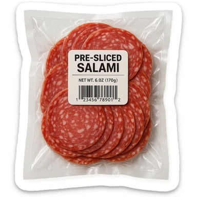 pre-sliced salami in clear vacuum-sealed plastic packaging with visible label, close-up, clean background sticker