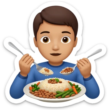 Create a person having lunch. Not a sandwich. Rice, beans, vegetables and chicken. sticker