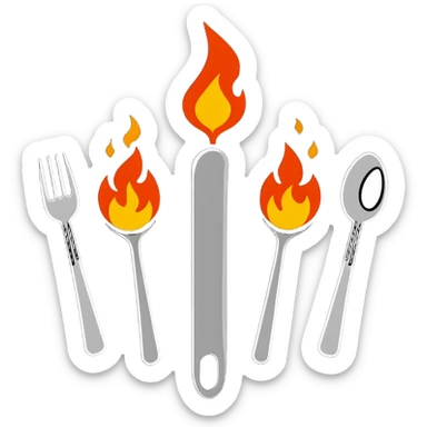 burning spoon fork and knife crossed together, kitchen utensils on fire with flames sticker