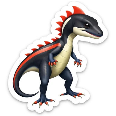 Black and white Orca-reptile-reptilian-lizard-skink-gecko-Digimon-Fakémon-hybrid full body, two legs, two arms, claws, tail, with red stripe sticker