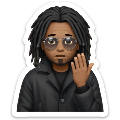 African American man brown skin complexion with black dreadlocks shoulder length wearing black bubble winter coat wearing black sunglasses with right hand covering sad face sticker