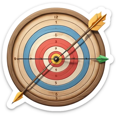 A bow with an arrow drawn back, aimed at a target with concentric rings. The background suggests a calm, outdoor archery range, emphasizing the precision, focus, and skill required in archery as a competitive sport. sticker