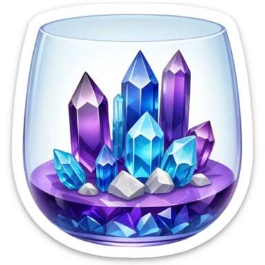 Close-up of vibrant crystals growing in a glass container on a table, with various colors like purple, blue, and clear. Some crystals are larger, while others are still forming. Soft light highlights their natural beauty. Background with a cozy indoor setting. sticker