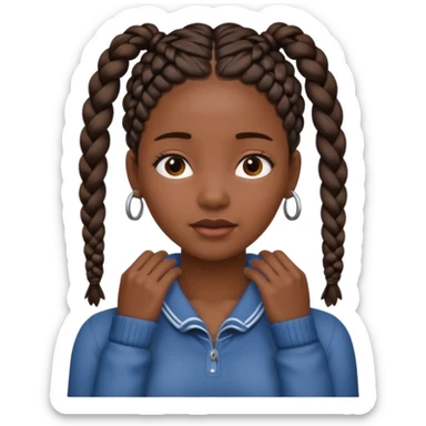 A black Girl with braids both hands holding her neck sticker