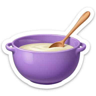 a lilac ceramic mixing bowl with a wooden spoon stirring sticker