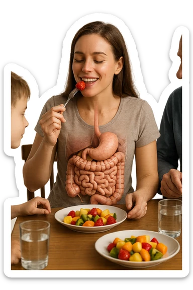 donna seduta a pranzo con la sua famiglia che mangia la frutta con intestino anatomico, iperrealistiche 4k sticker