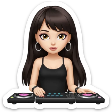 generate a pretty bratz girl in black cami top, dark brown straight long hair with bangs, eyeliner on, djing, fair sticker