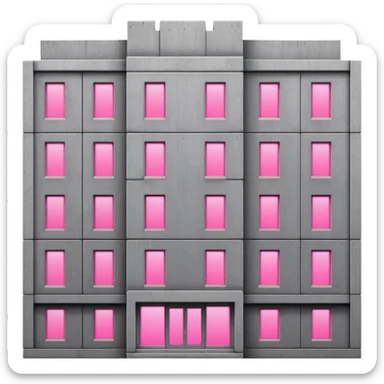 Gray concrete panel building with multiple regular windows and just one pink glowing window, brutalist architecture sticker