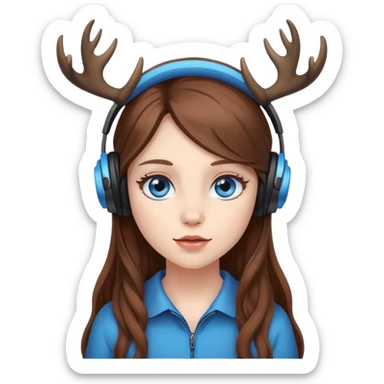 Girl with white skin and brown long hair with blue eyes with headphones with deer’s antlers  sticker
