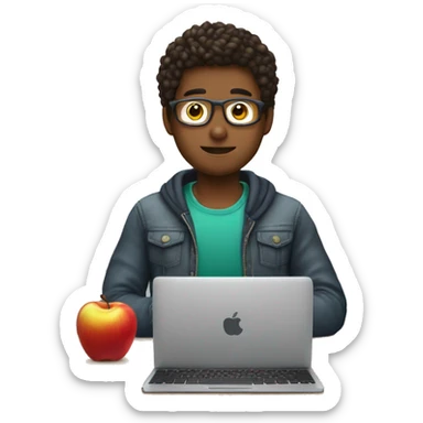 joven de 17 con ropa normals entado en una mesa con su ordenador de appel mirando la pantalla sticker