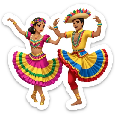 Cinematic Realistic scene of two dancers performing Cumbia, adorned in colorful traditional Colombian costumes with intricate details, captured in rhythmic motion with lively, festive lighting sticker