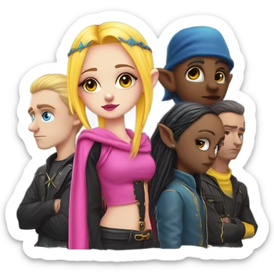 Blue eyed long eye lashes pout blonde and pink hair pale hime gyaru girl, hot pink and yellow split-dyed hair, nose ring, elf ears, dark makeup, punk clothes standing next to three diffrent men praying on their knees sticker