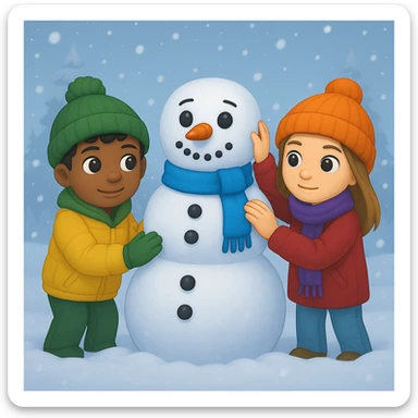 Show two different kids (different hair and clothing colors) building a snowman in a snowy background, keep the emoji style sticker