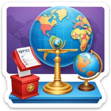 An icon featuring a podium with a speaker, a ballot box with a voting slip, and a globe, symbolizing political science. The design includes scales of justice and a world map in the background, representing governance and global politics. Transparent background highlights political analysis. sticker