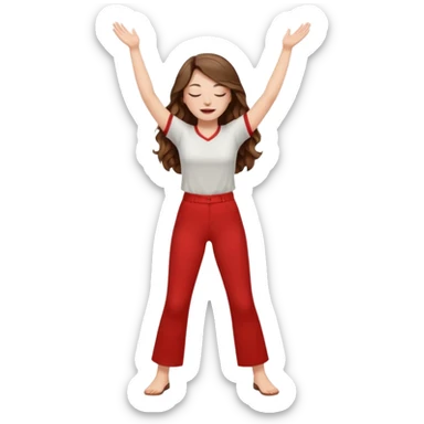 crie uma menina branca com cabelos castanhos longos ondulados, uma roupa de calça e blusa de manga curta na cor vermelho, com braços juntos para cima, olhos fechados e perna levantada. a manga é curta mostra os braços sticker