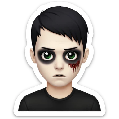Zombie boy with emo black hair and a black shirt sticker
