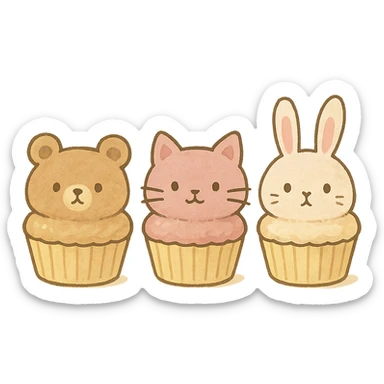 mini cupcakes with animal faces of bear, cat, and rabbit, soft pastel tones, ghibli style, transparent background sticker
