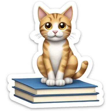 A minimalistic emoji-style illustration of a tabby cat with white paws and chest, sitting on a stack of books and papers. The cat looks to the side with perked ears, and its tail extends slightly off the surface. The background is simple and neutral, with a hint of a window or curtain for context. sticker