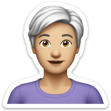 A head and shoulders shot of a 50 year old caucasian woman with short black hair wearing a tshirt. sticker