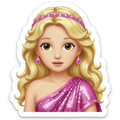 Aphrodite from Greek Gods with long blonde wavy hair, pink sequin toga sticker