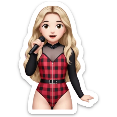 Sabrina carpenter singing at concert wearing a black and red plaid bodysuit with huge crowd and light pink stage setting  sticker