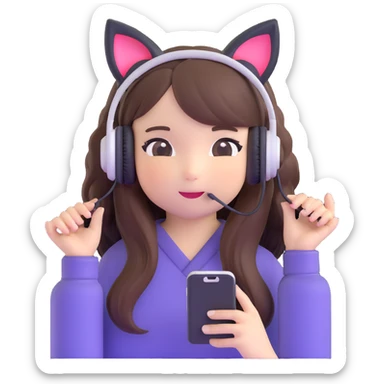 Adorable Japanese girl with long hair, cute cat ear headphones and holding smartphone sticker