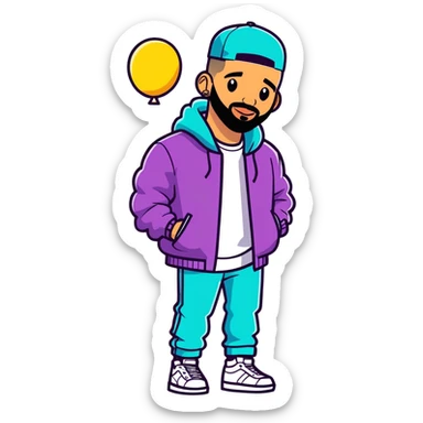 Toronto celebrity, musician, rapper drake 2025 illustration, sticker design. must be ultra hyperrealistic, mirco-detailed, flat layout. Colorful, happy features. Full view. Life-like.
 Must be 8k hd, 8000x8000px resolution. Must use very thin transparent smooth lines, around the illustration  sticker