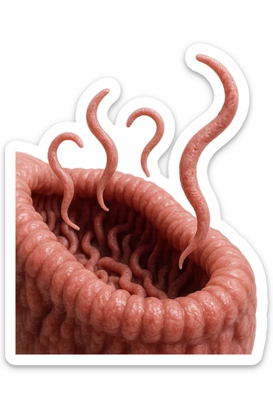 Realistic medical image of microscopic parasites leaving the intestines after taking natural kinesiological drops, symbolizing detox and cleansing. sticker