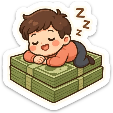 happy person napping on mattress of money sticker