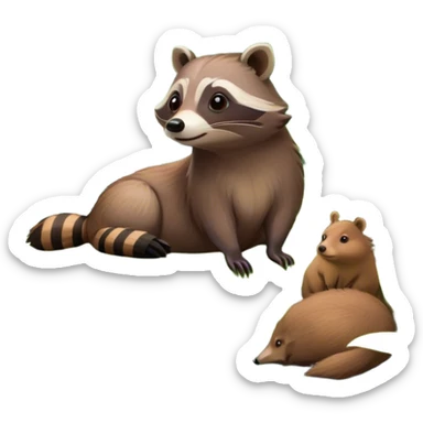 Collage of a raccoon and capybara in a lush, vibrant forest. The raccoon curiously looks around, while the capybara rests peacefully near a stream. The forest is full of green trees, leaves, and soft sunlight. A serene and natural background. sticker