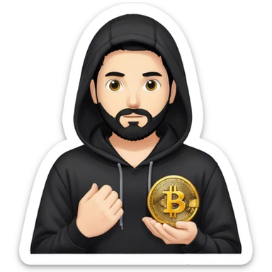 hackeur blanc cheveux noir barbe et capuche noir avec un bitcoin sticker