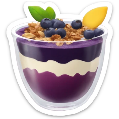 Açaí in a clear cup with layers of fruits and granola and condensed milk sticker