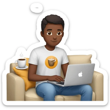 Homme développeur de teint noir, assis dans un coin cosy de son salon un week-end, ordinateur portable ouvert affichant du code. Lumière naturelle douce, ambiance calme. Habillé simplement (t-shirt clair, jean ou short), tasse de café/thé à côté. sticker