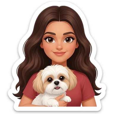 More Tanned middle eastern Brunette girl with long thick hair and eyeliner, holding white and cream  boy shih tzu sticker