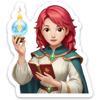 female dnd cleric with red hair holding a magic book in one hand and having a ball of light in the other sticker