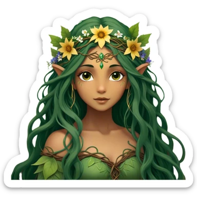 Cinematic Realistic Forest Fairy Portrait, depicted with lifelike, sun-kissed tanned skin that radiates an earthy glow, softly illuminated by natural, dappled light. Her long, flowing dark green hair is intricately detailed and interwoven with delicate vines and wildflowers, while her deep, soulful eyes mirror the wisdom of the forest. Dressed in an attire inspired by nature’s palette—with subtle botanical motifs—the portrait exudes a soft, enchanted glow that melds realism with woodland magic showing her large butterfly wings from her back. sticker
