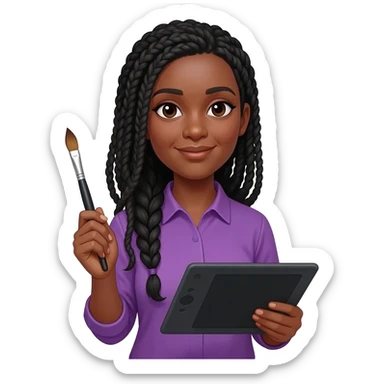 Emoji représentant une femme à la peau marron avec de longues braids noires et portant une belle chemise violette, tenant une tablette graphique dans une main et un pinceau dans l’autre sticker